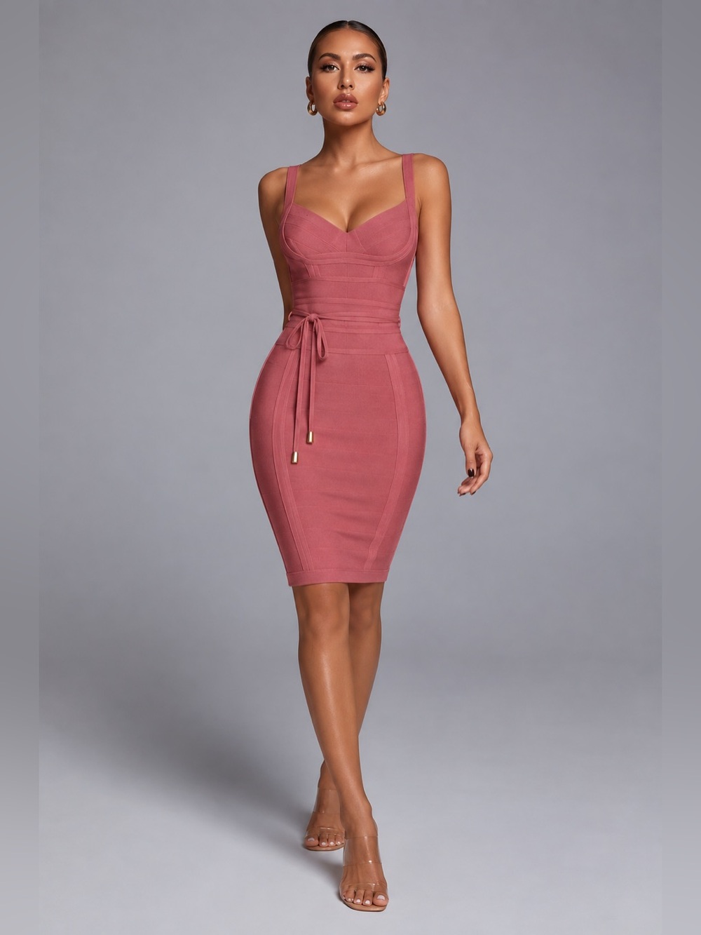 Meilun Antique Pink Bandage Bodycon Midi Dress XS Belted